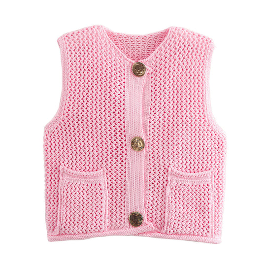Damen gestrickte Weste mit feinem Lochmuster und praktischen Taschen EB