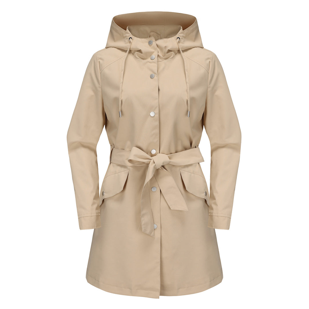 Damen wasserfeste Übergangsjacke mit verstellbarem Kapuzenkragen und Taillengürtel EB