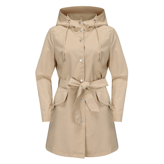 Damen wasserfeste Übergangsjacke mit verstellbarem Kapuzenkragen und Taillengürtel EB