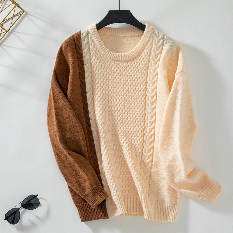 Damen modischer Pullover mit strukturiertem Zopfmuster und innovativem Farbblockdesign EB