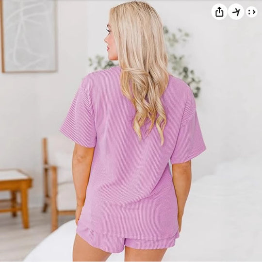 Damen Bequemes Kurzarm Set mit V-Ausschnitt und elastischem Taillenbund EB