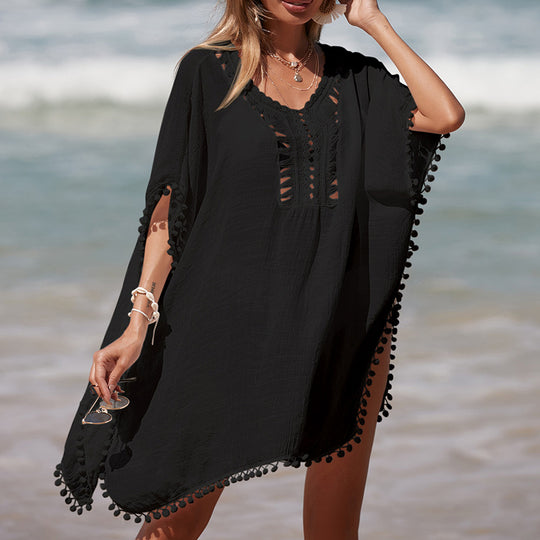 Damen luftiger Kaftan mit fransigen Akzenten und durchbrochenem Design EB