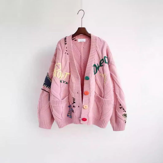 Damen Strickjacke mit buntem Motiv und praktischen Taschen EB