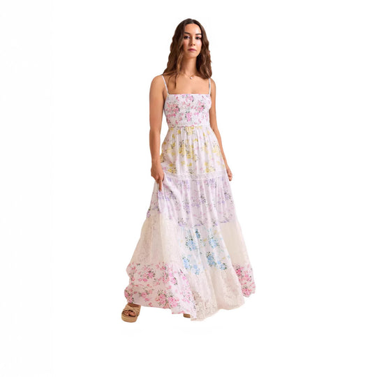 Damen Boho Maxikleid mit elastischem Oberteil und Spitzenakzenten EB