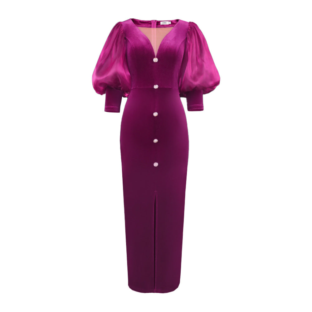 Damen Samtlangkleid mit Puffärmeln und subtilen Knopfdetails EB
