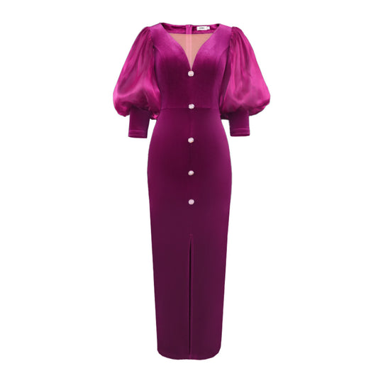 Damen Samtlangkleid mit Puffärmeln und subtilen Knopfdetails EB