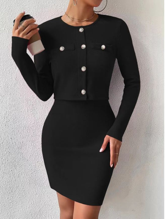 Damen elegantes Jumpsuit-Set mit taillierter Jacke und schimmernden Knöpfen EB