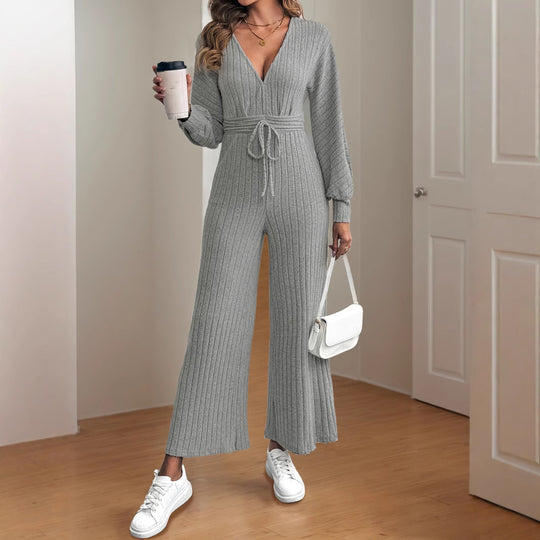Damen legerer Strick-Jumpsuit mit weitem Bein und Taillengürtel EB