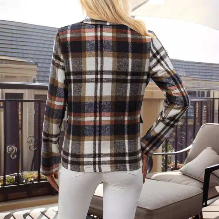 Damen kariertes Zweireiher-Blazerjacke mit eleganten Knopfdetails und maßgeschneidertem Schnitt EB