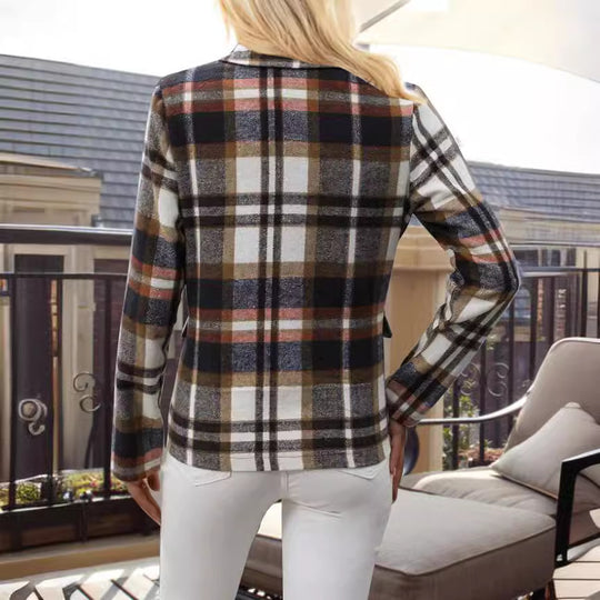 Damen kariertes Zweireiher-Blazerjacke mit eleganten Knopfdetails und maßgeschneidertem Schnitt EB