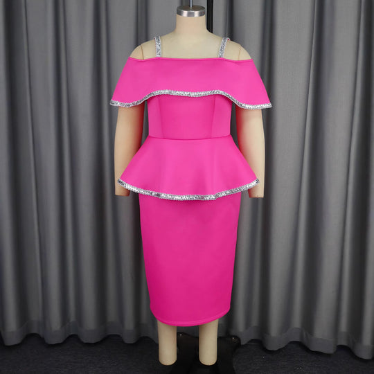 Damen elegantes Peplum-Kleid mit schulterfreiem Design und Glitzerdetails EB