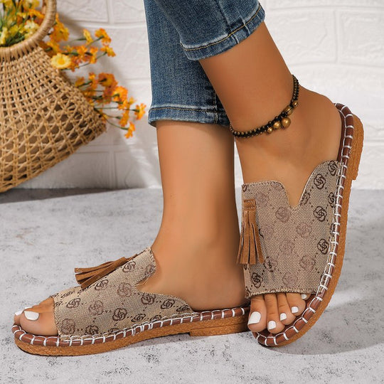Damen Offene Pantoletten mit Quaste im Espadrille‑Stil EB
