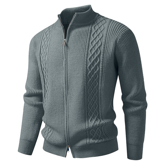 Herren nan Zip-Strickjacke mit dekorativem Zopfmuster, Stehkragen und elastischen Bündchen EB