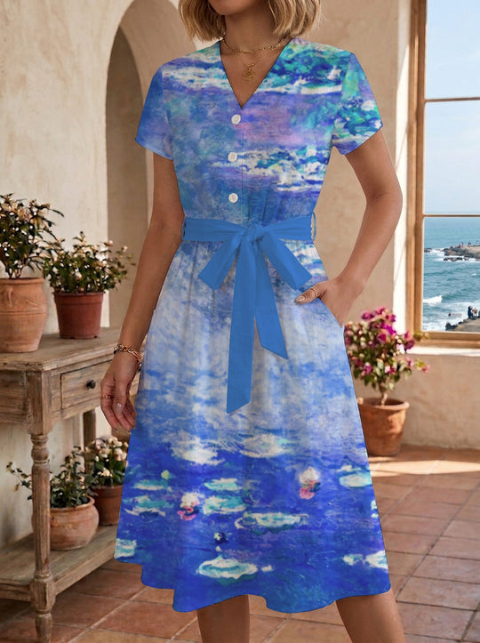 Damen Blühendes Midikleid mit taillierbarem Gürtel und kunstvollem Print EB