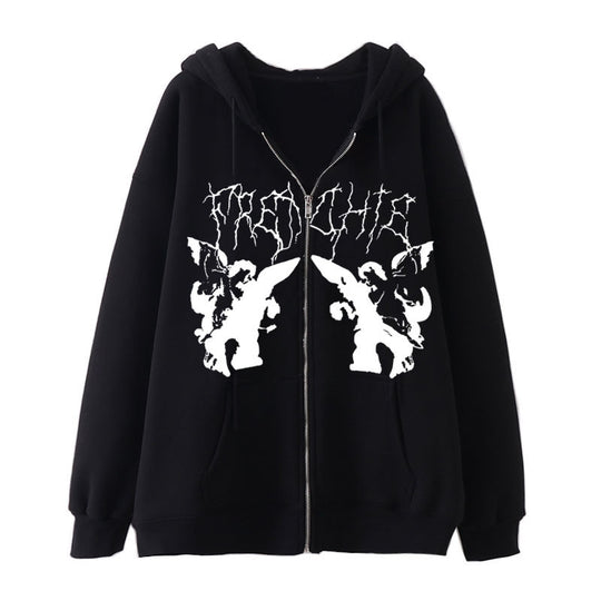 Damen nan Kapuzenjacke mit durchgehendem Reißverschluss und Rippenherz-Print EB