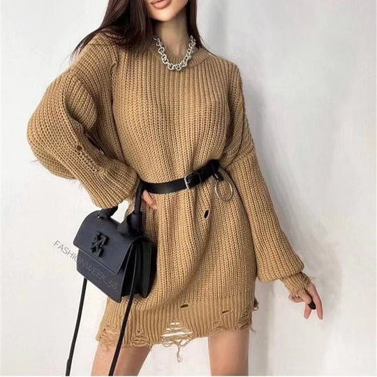 Damen Oversize Grobstrick-Minikleid mit Destroy-Effekt und Rundhalsausschnitt EB
