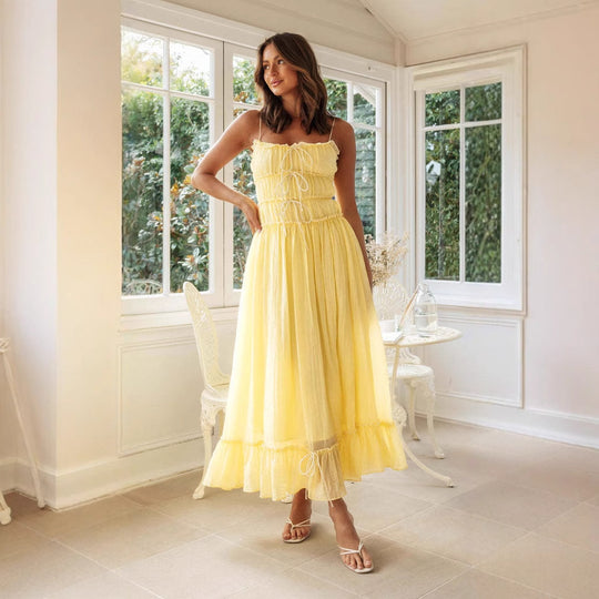 Damen Maxikleid mit verstellbarem Schnürdetail und rüschigem Saum EB