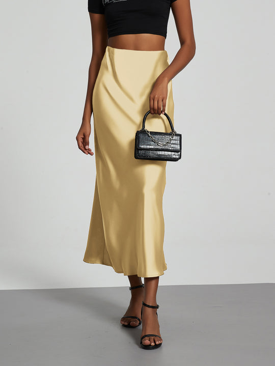 Damen Stilvolle Satin-Stretchrock mit hohem Bund und fließendem Schnitt EB