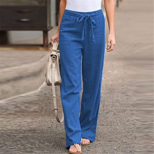 Damen nan lässige Leinenmix Weitebein Hose mit Kordelzug EB