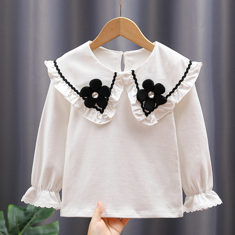 Damen Bluse mit großen Kragen und floralen Applikationen EB
