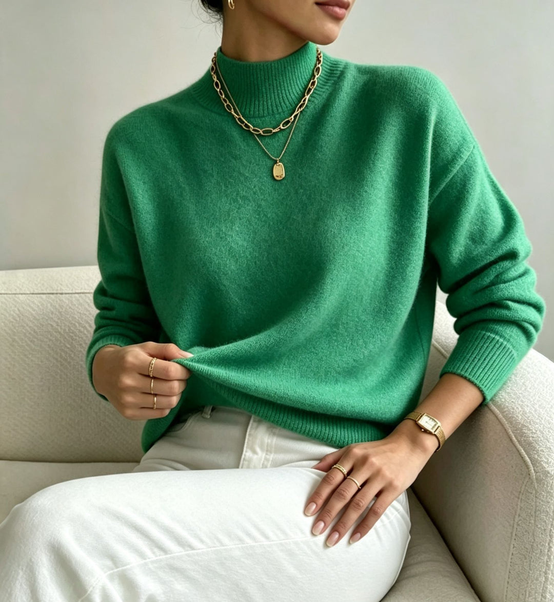 Damen kuscheliger Feinstrickpullover mit Stehkragen und überschnittener Schulter EB