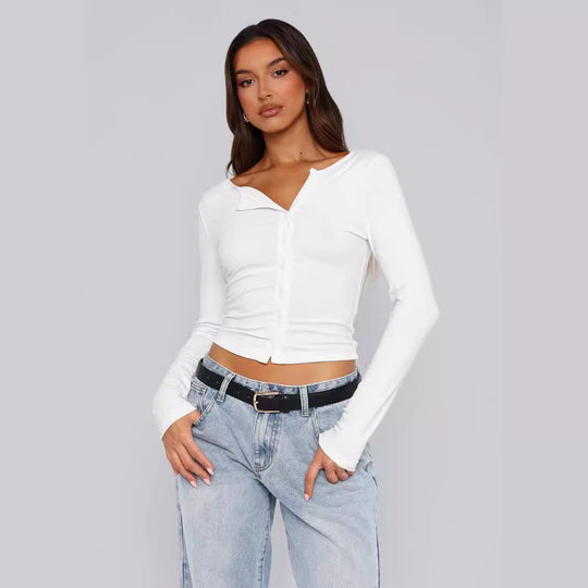 Damen figurbetontes Langarmshirt mit Knopfleiste EB
