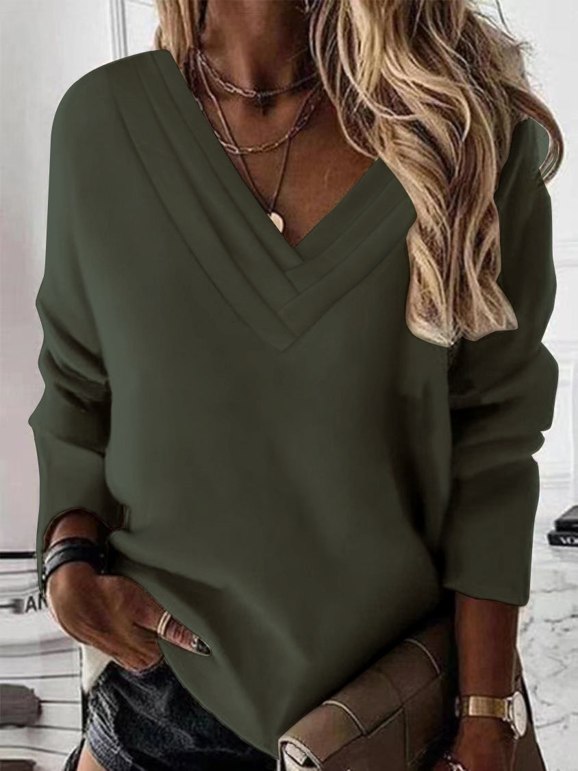 Damen Lässiges V-Ausschnitt Pullover mit eleganten Falten EB