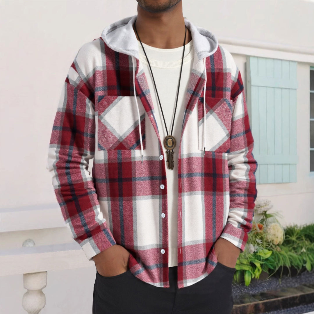 Herren Karierte Flanelljacke mit Hoodie und praktischen Taschen EB