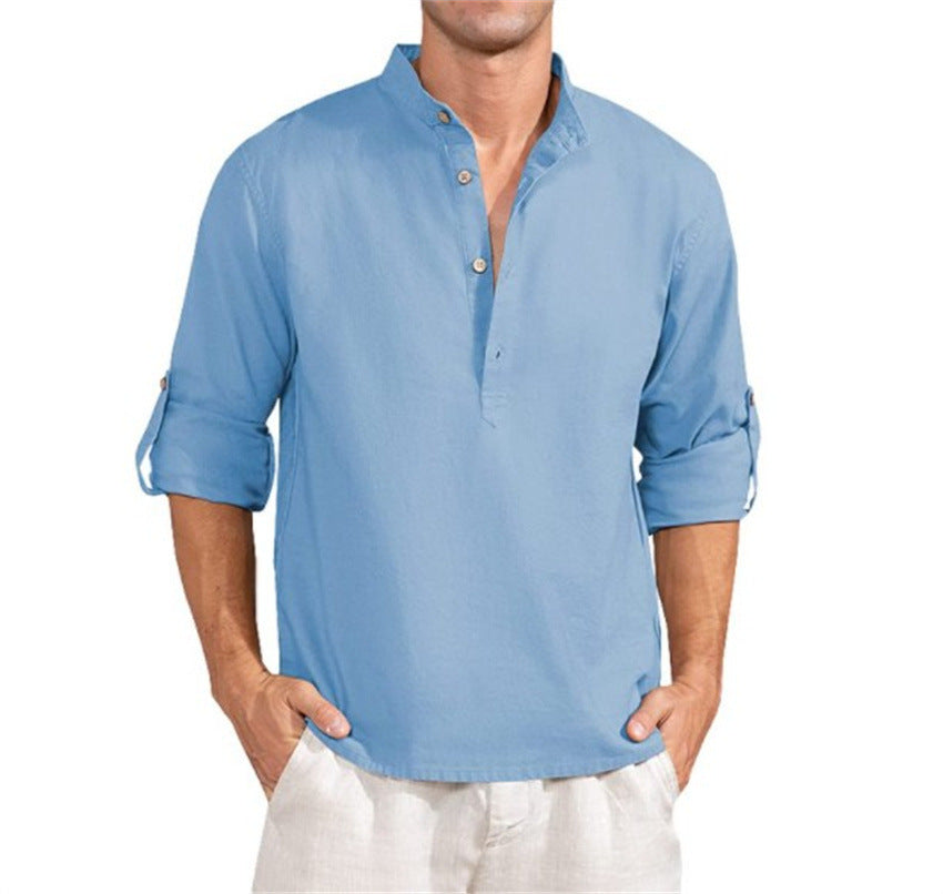 Herren Leinenhemd mit Stehkragen und praktischen Knopfdetails EB