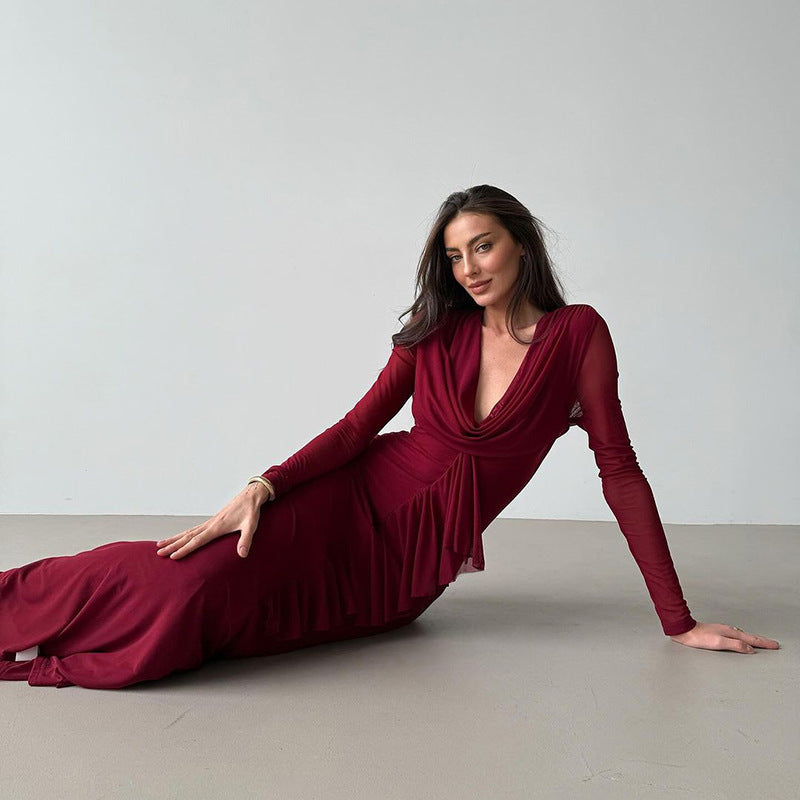 Damen Elegantes Maxikleid mit tiefem V-Ausschnitt und Rüschendetail EB