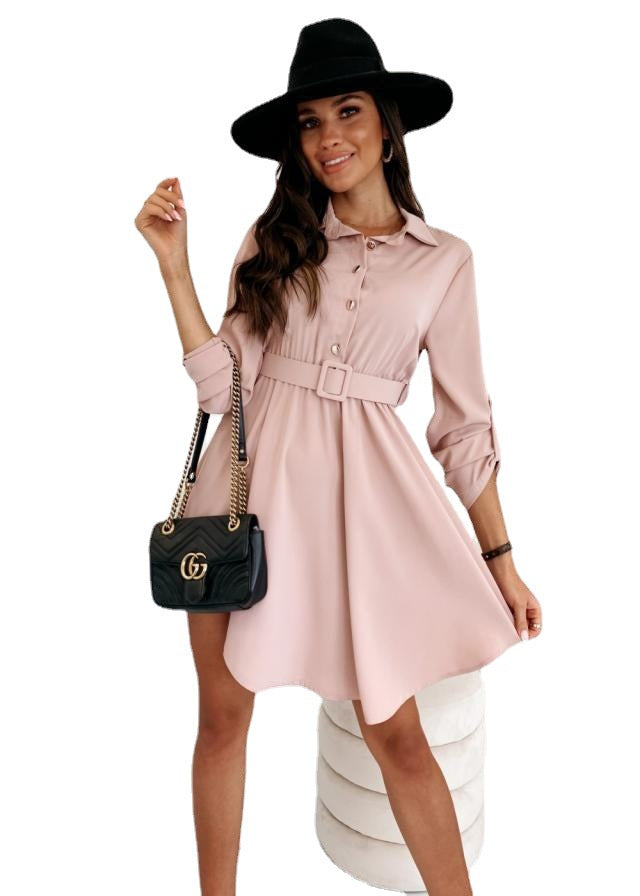 Damen Hemdblusenkleid mit taillierter Gürtel und asymmetrischem Saum EB