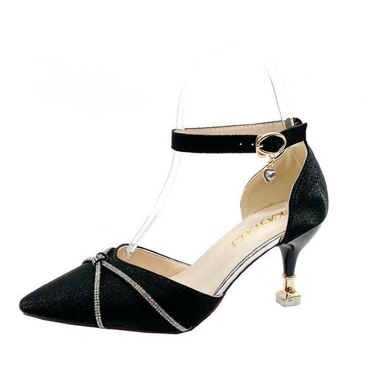 Damen elegante Ballerinas mit zierlichem Knöchelriemen und funkelndem Akzent EB