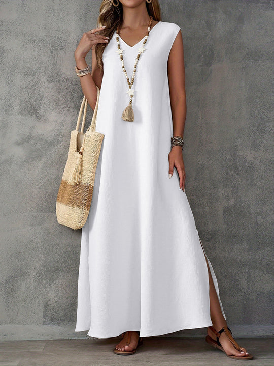 Damen Maxi-Strandkleid mit elegantem V-Ausschnitt und seitlichem Schlitz EB