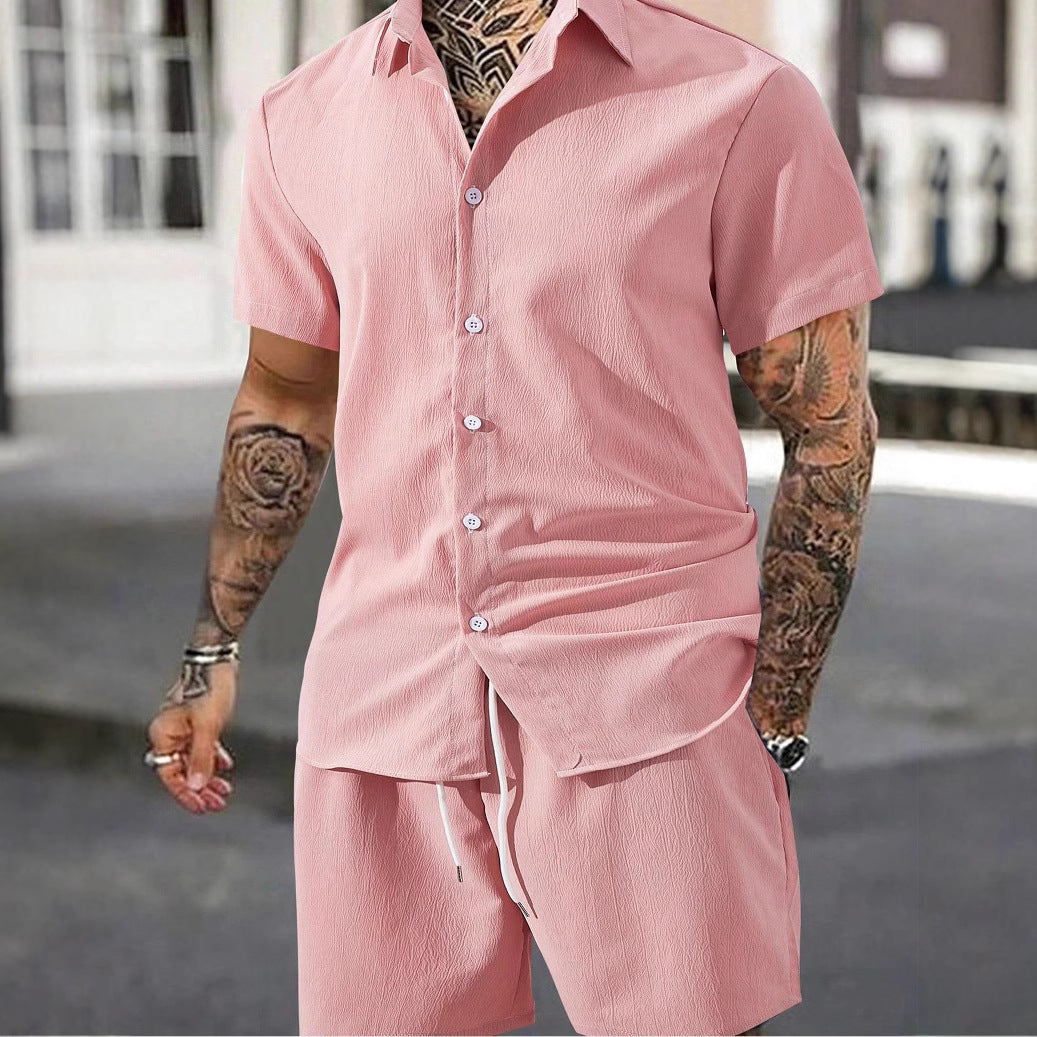 Herren lässiges Shorts-Set mit knöpfbarem Oberteil und elastischem Bund EB