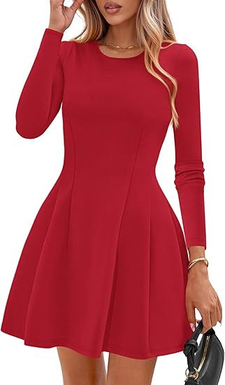 Damen Langärmeliges A-Linien Skaterkleid mit figurschmeichelnden Nähten EB