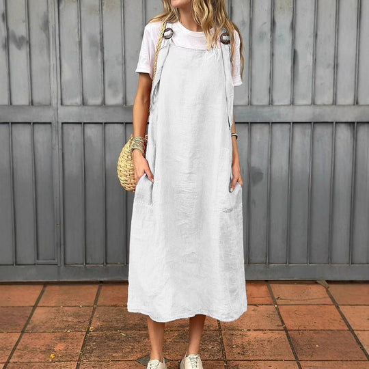 Damen Leichte Leinenkleid mit Taschen EB