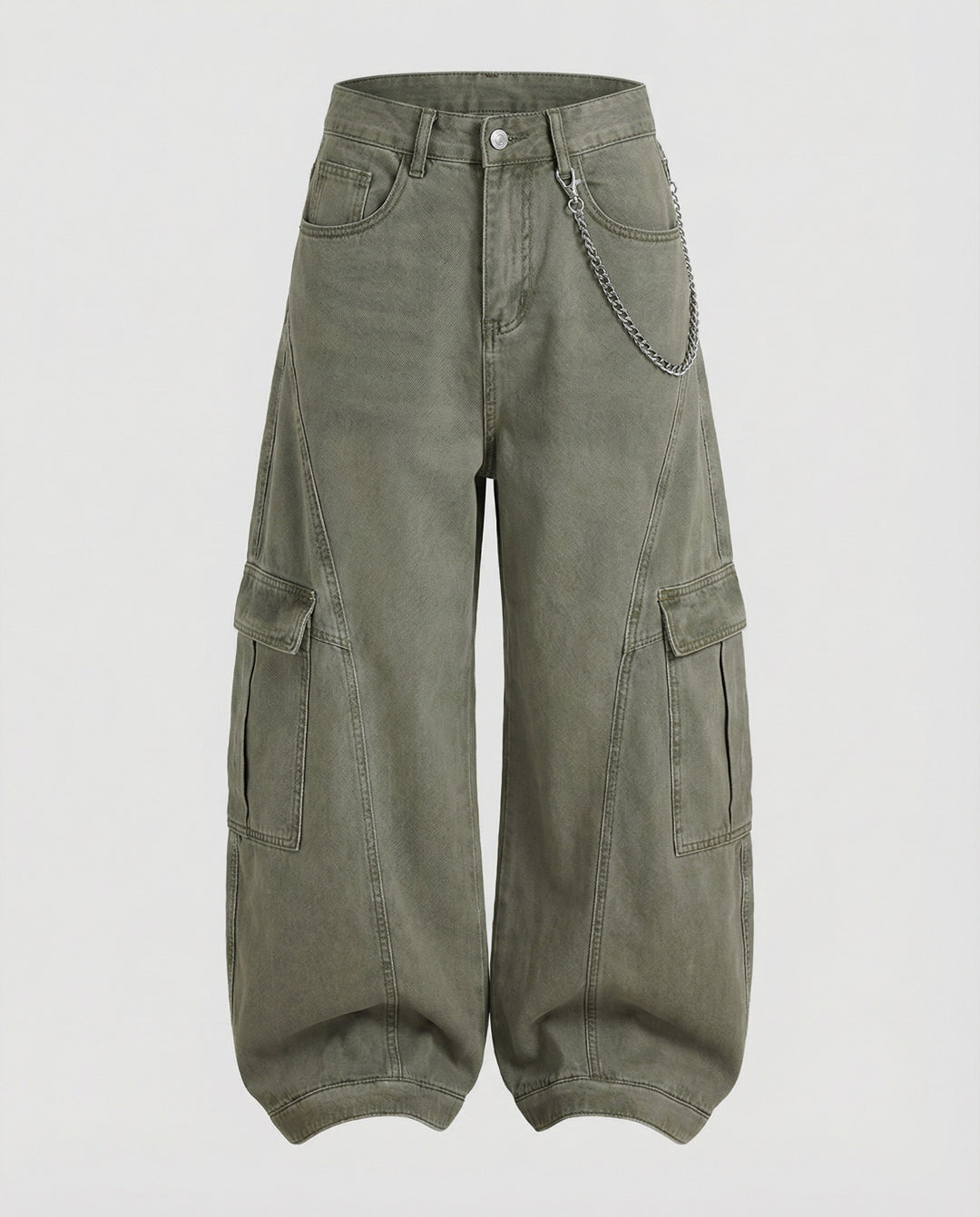 Damen extraweite Baggy-Cargo-Palazzo-Hose mit niedrigem Bund, markanten Teilungsnähten und großen Klappentaschen EB