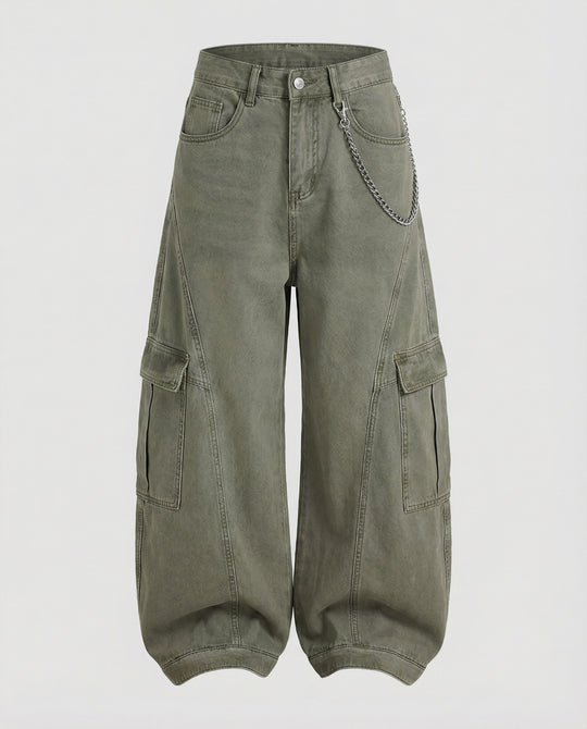 Damen extraweite Baggy-Cargo-Palazzo-Hose mit niedrigem Bund, markanten Teilungsnähten und großen Klappentaschen EB