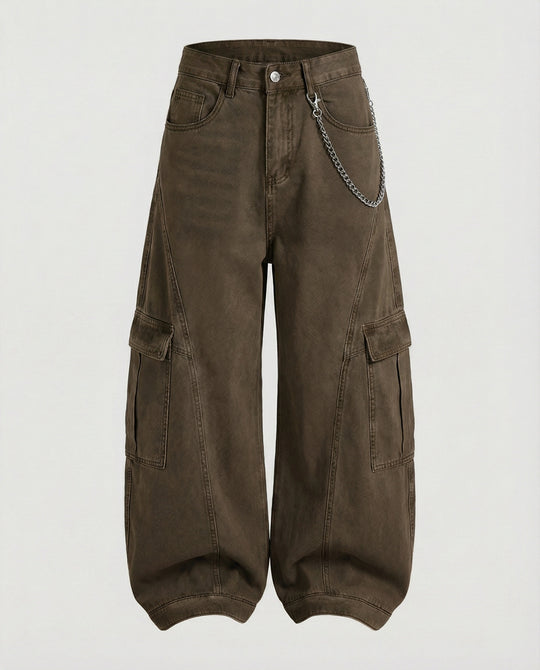 Damen extraweite Baggy-Cargo-Palazzo-Hose mit niedrigem Bund, markanten Teilungsnähten und großen Klappentaschen EB