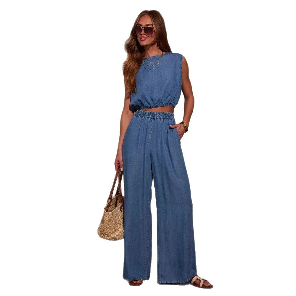 Damen Lässiges Oversized Jeans-Set mit geknotetem Oberteil und weiten Beinen EB