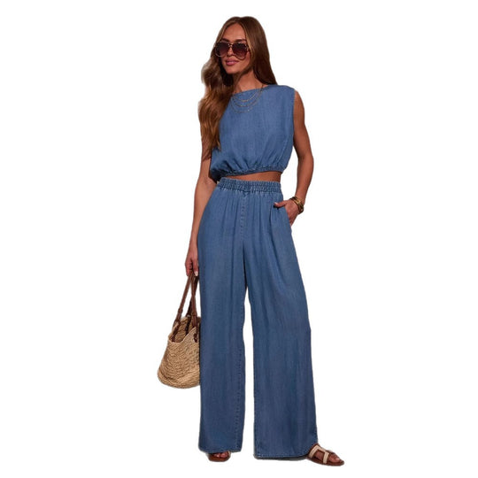 Damen Lässiges Oversized Jeans-Set mit geknotetem Oberteil und weiten Beinen EB