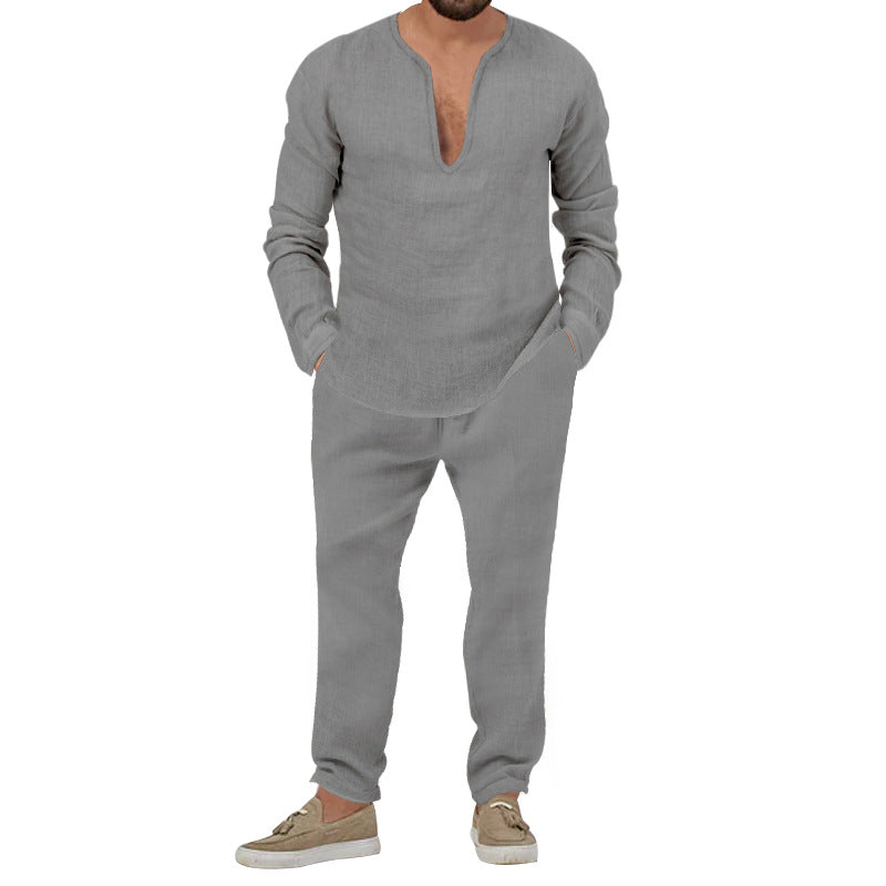 Herren lässiges Leinen-Outfit mit tiefem V-Ausschnitt und elastischem Bund EB