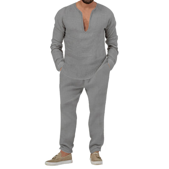 Herren lässiges Leinen-Outfit mit tiefem V-Ausschnitt und elastischem Bund EB