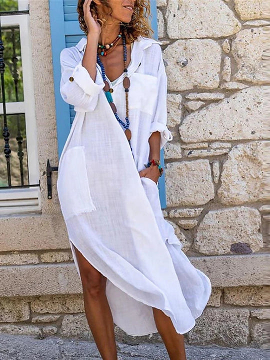 Damen Luftiges Strandkleid mit langen Ärmeln und praktischen Taschen EB