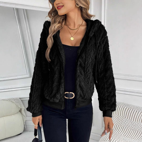 Damen modische Plüschjacke mit Kapuze und gerippten Bündchen EB