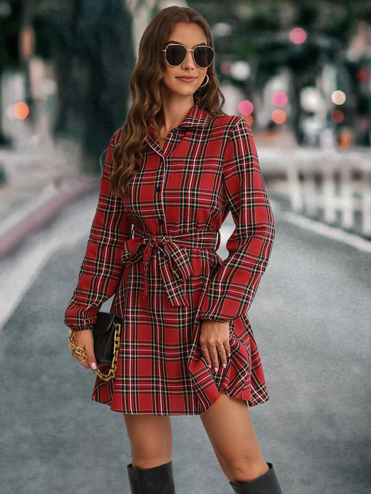 Damen Karohemdkleid mit Bindegürtel und langen Ärmeln EB
