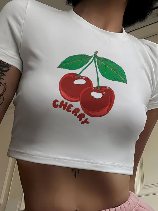 Damen Crop-T-Shirt mit fruchtigem Kirschdesign und lockerem Schnitt EB