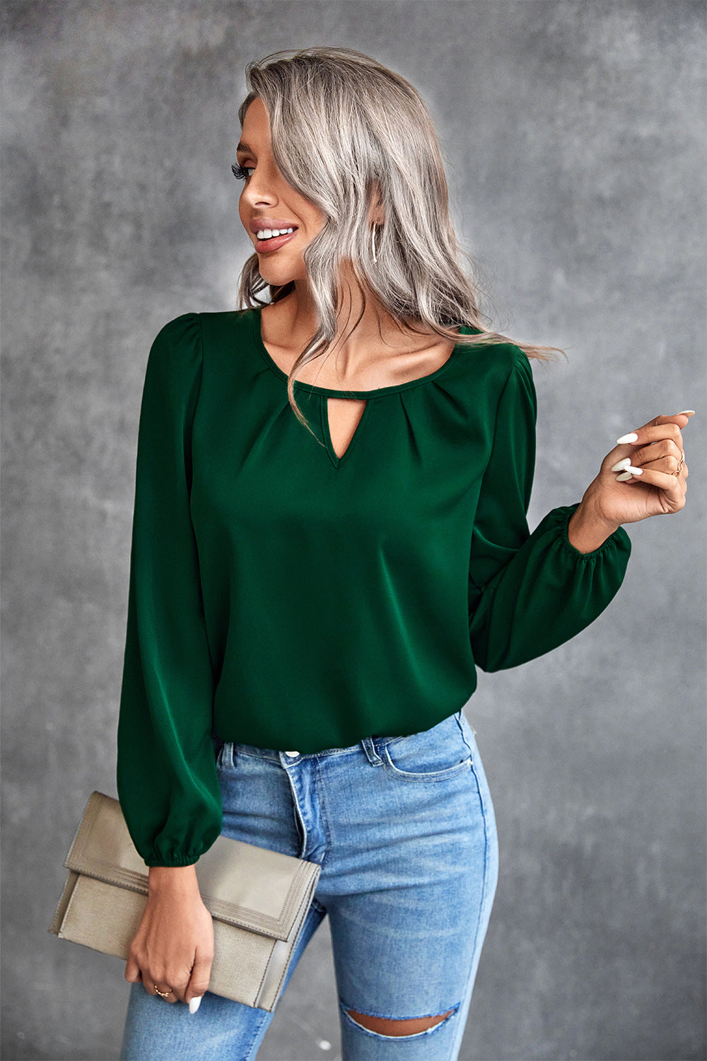 Damen Elegante Bluse mit leichtem V-Ausschnitt und Puffärmeln EB