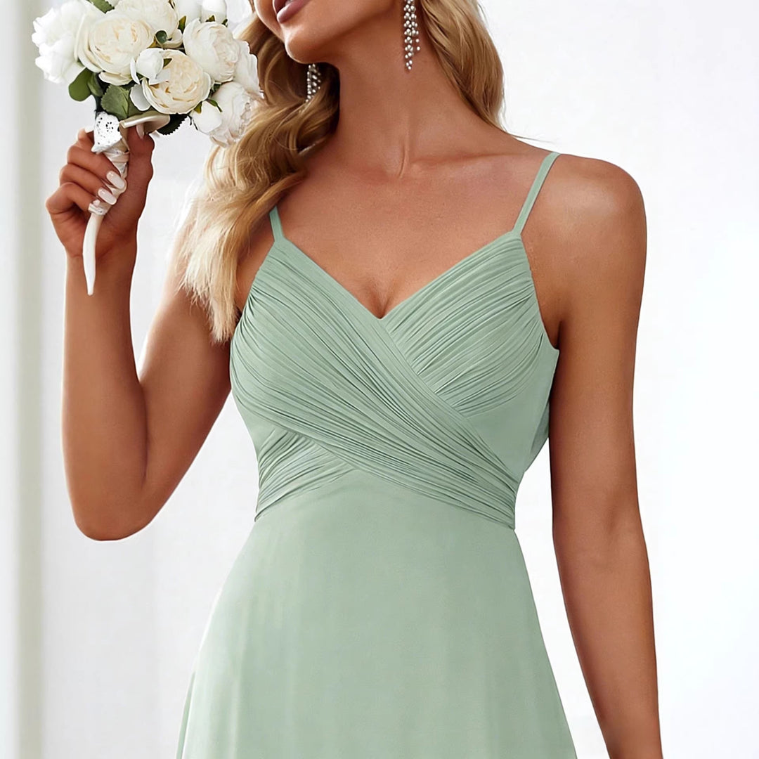 Damen nan fließendes Chiffon-Abendkleid mit überkreuzter Drapage, Empire-Taille und feinen Spaghettiträgern EB