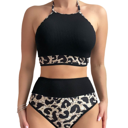 Damen Hochtailliertes Bikini-Set mit sportlichem Oberteil und animalischem Muster EB